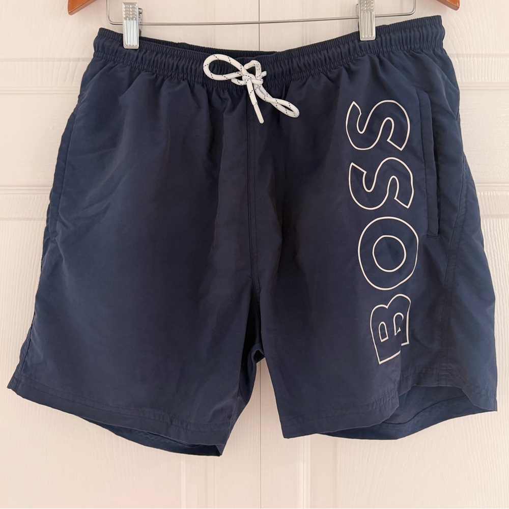 Hugo Boss Men’s Swim Trunks Size Large White Side Logo Navy Blue Board Shorts